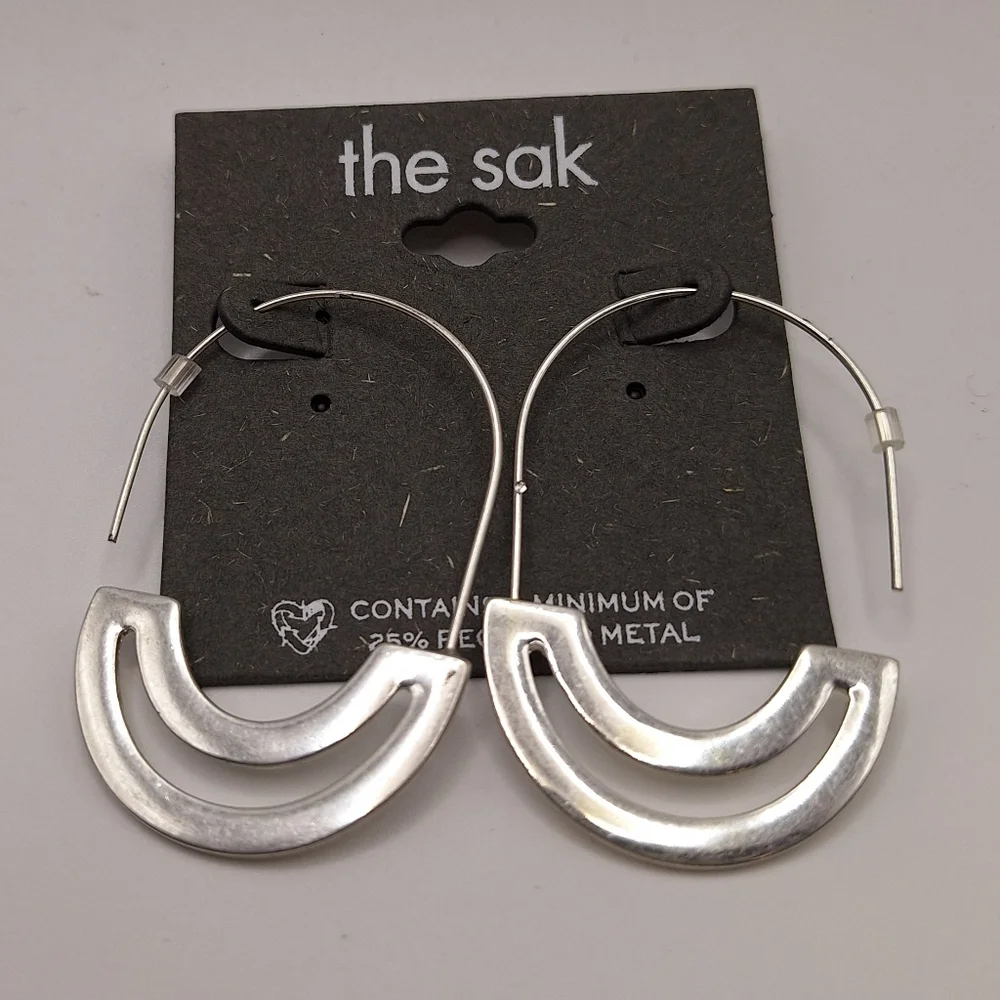 The Sak Silver Hoop Earrings | Modern Half Moon Dangle Hoops | Minimalist Style